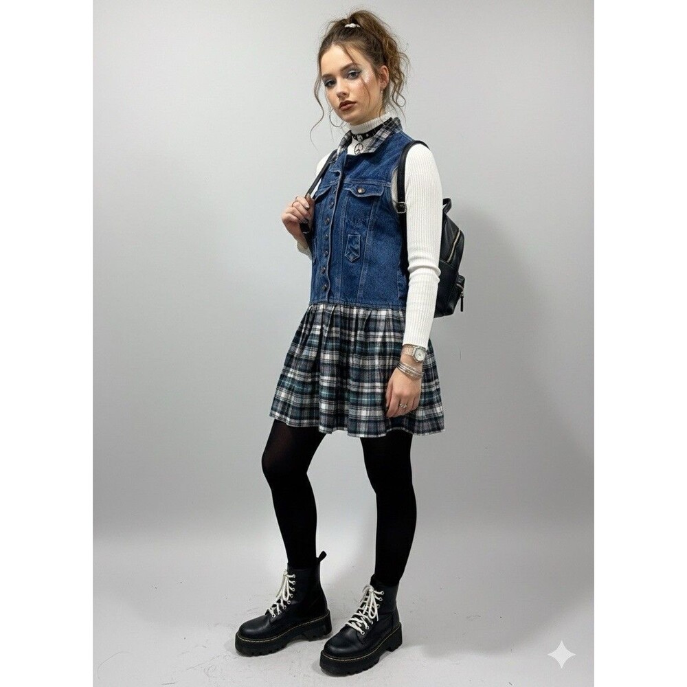 VTG 90s Y2K In Design Denim Vest Plaid Drop Waist Dress Sleeveless Cotton Size M